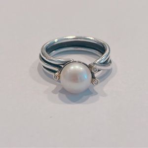 (sold) Authentic Pandora Woven splendor Pearl & diamond 14k ring size 60